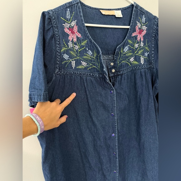 VTG La Cera Denim Floral Dress With Pockets Blue Midi Dress Button Down 1X XL - Picture 4 of 8